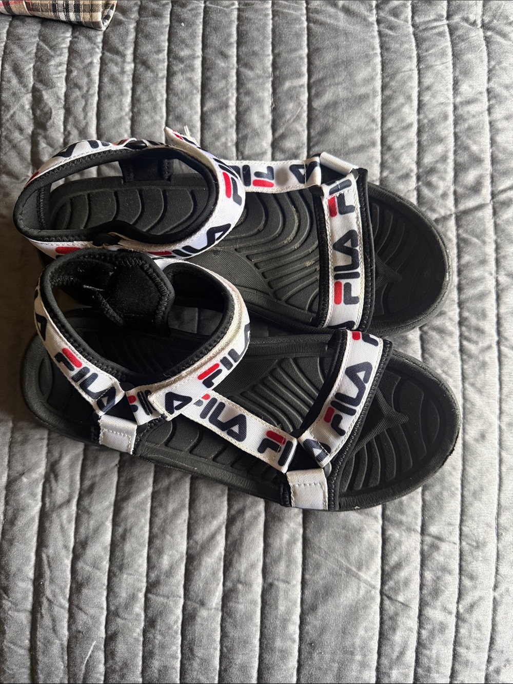FILA women Black Sandals with White Straps and Red/Navy Logo